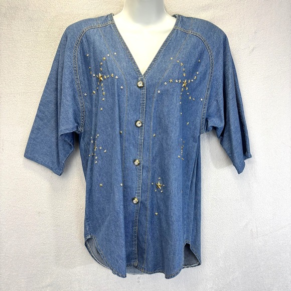 BINGO! BINGO! Tops - Vintage Bingo! Bingo! Button Up Denim Shirt Womens 6‎ Star Celestial Western 80s